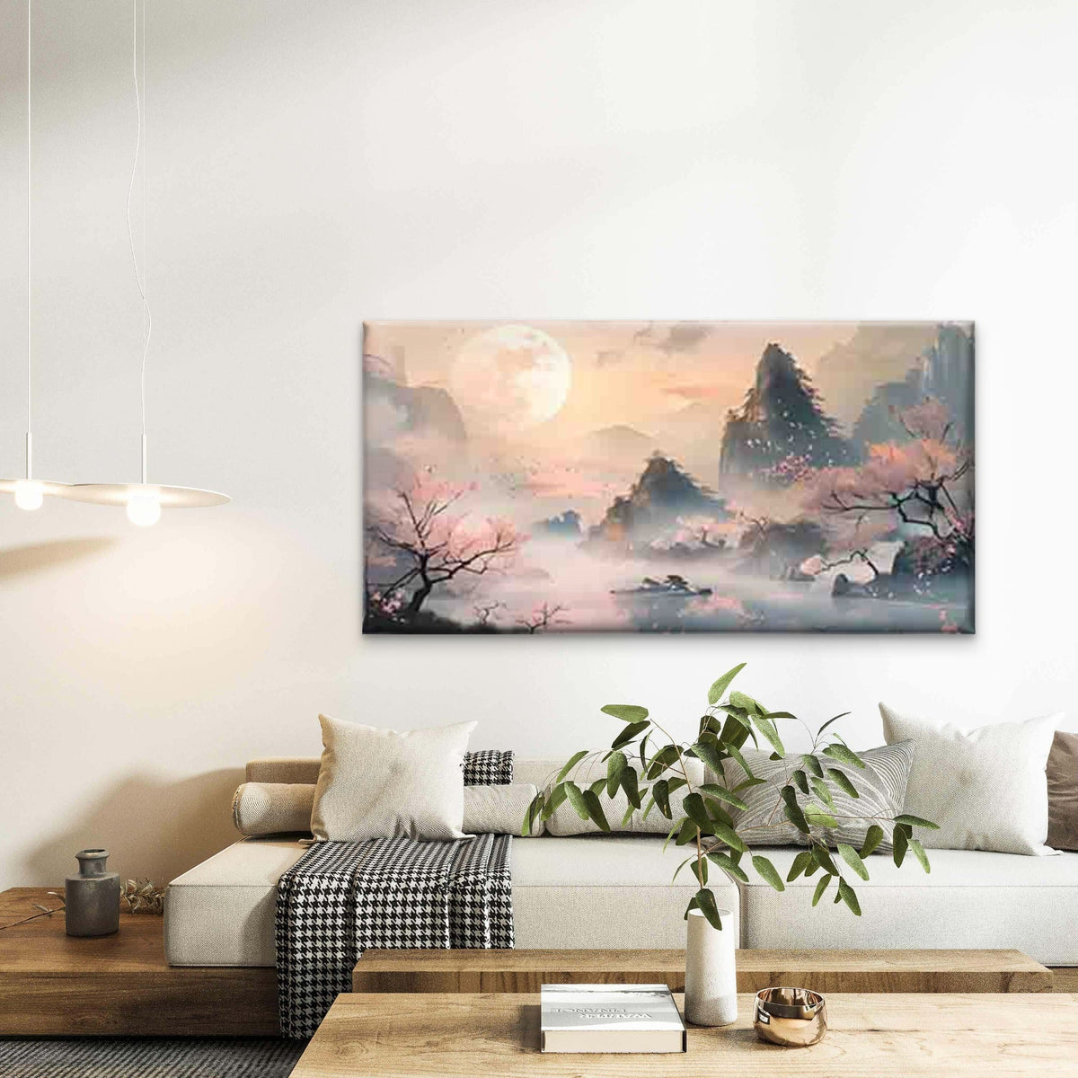 Misty Mountain & Pink Blossoms Wall Art Canvas Office Home Room Framed 120x60cm
