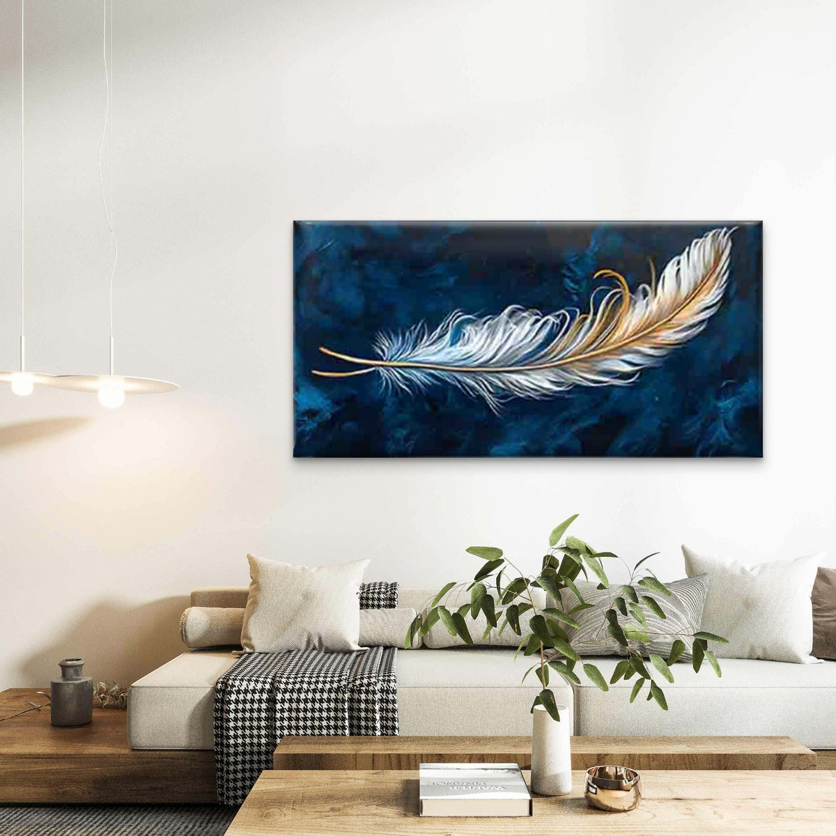 Blue-Golden Gradient Feather Wall Art Canvas Office Home Room Framed 120x60cm