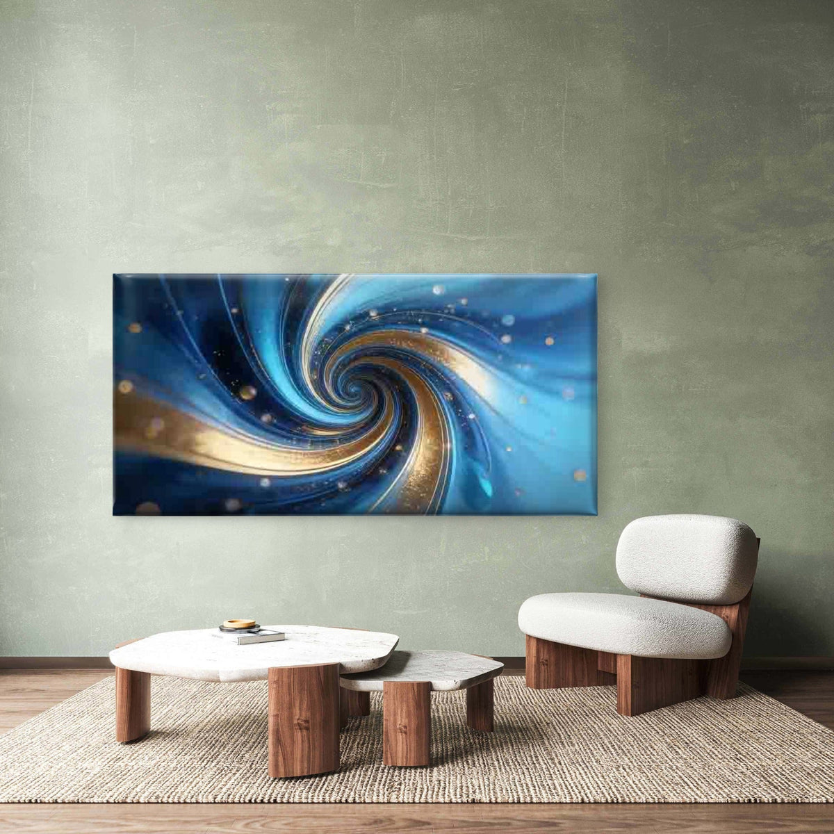 Blue And Golden Abstract Swirl Wall Art Canvas Office Home Room Framed 120x60cm