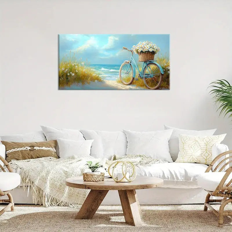 Blue Bicycle Flowers Basket Beach Wall Art canvas office home room framed 120x60cm