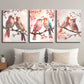 3pcs Vibrant Pink & Blue Feathered Birds on Branches Metal Print Ready to Hang Art