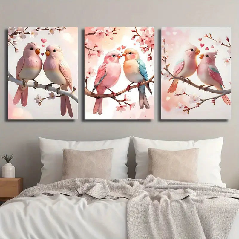3pcs Vibrant Pink & Blue Feathered Birds on Branches Metal Print Ready to Hang Art