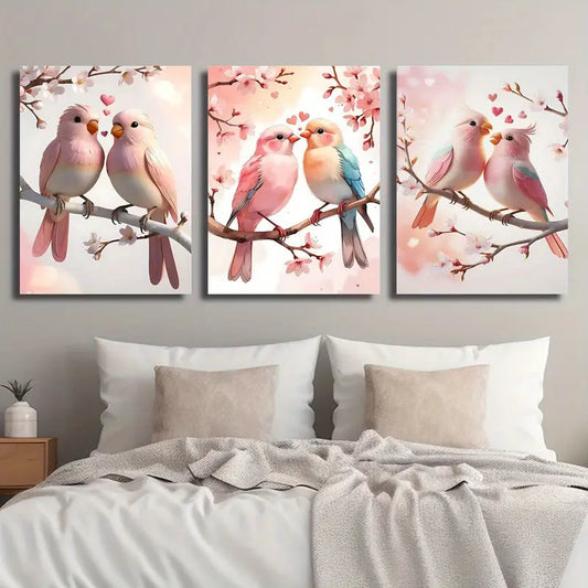 3pcs Vibrant Pink & Blue Feathered Birds on Branches Metal Print Ready to Hang Art