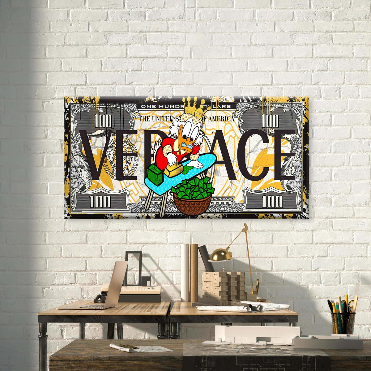 Rich Duck Currency Pattern Wall Art Canvas Office Home Room Framed 80x45cm