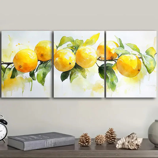 3pcs Lemons and green leaves Metal Print Ready to Hang Art