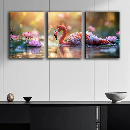 3pcs The flamingos are swimming Metal Print Ready to Hang Art