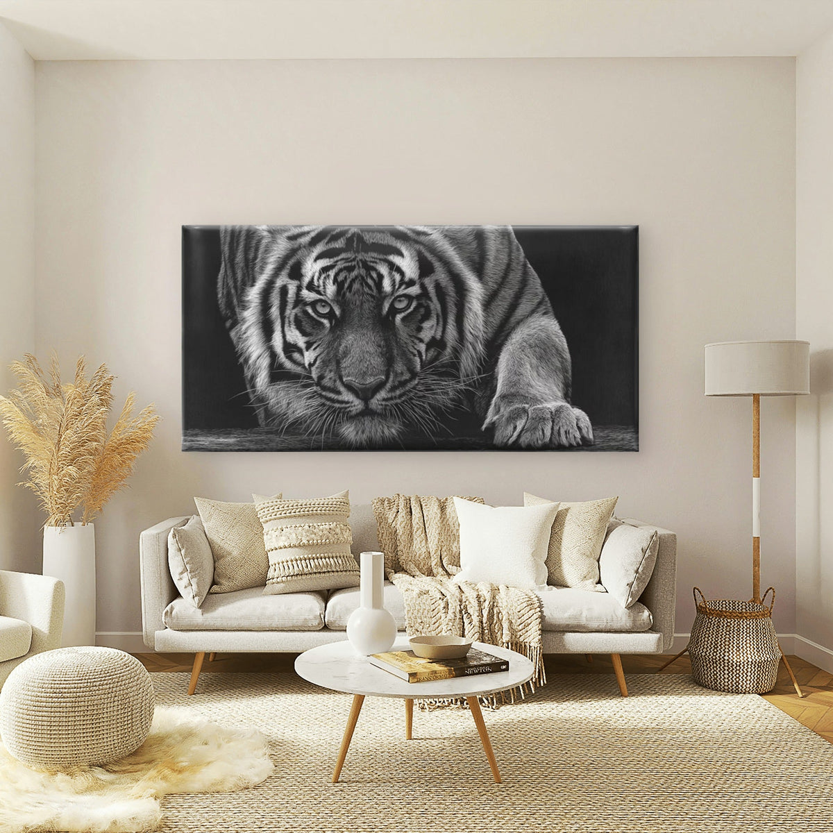 Tiger Striking Gaze Wall Art Canvas Office Home Room Framed 120x60cm