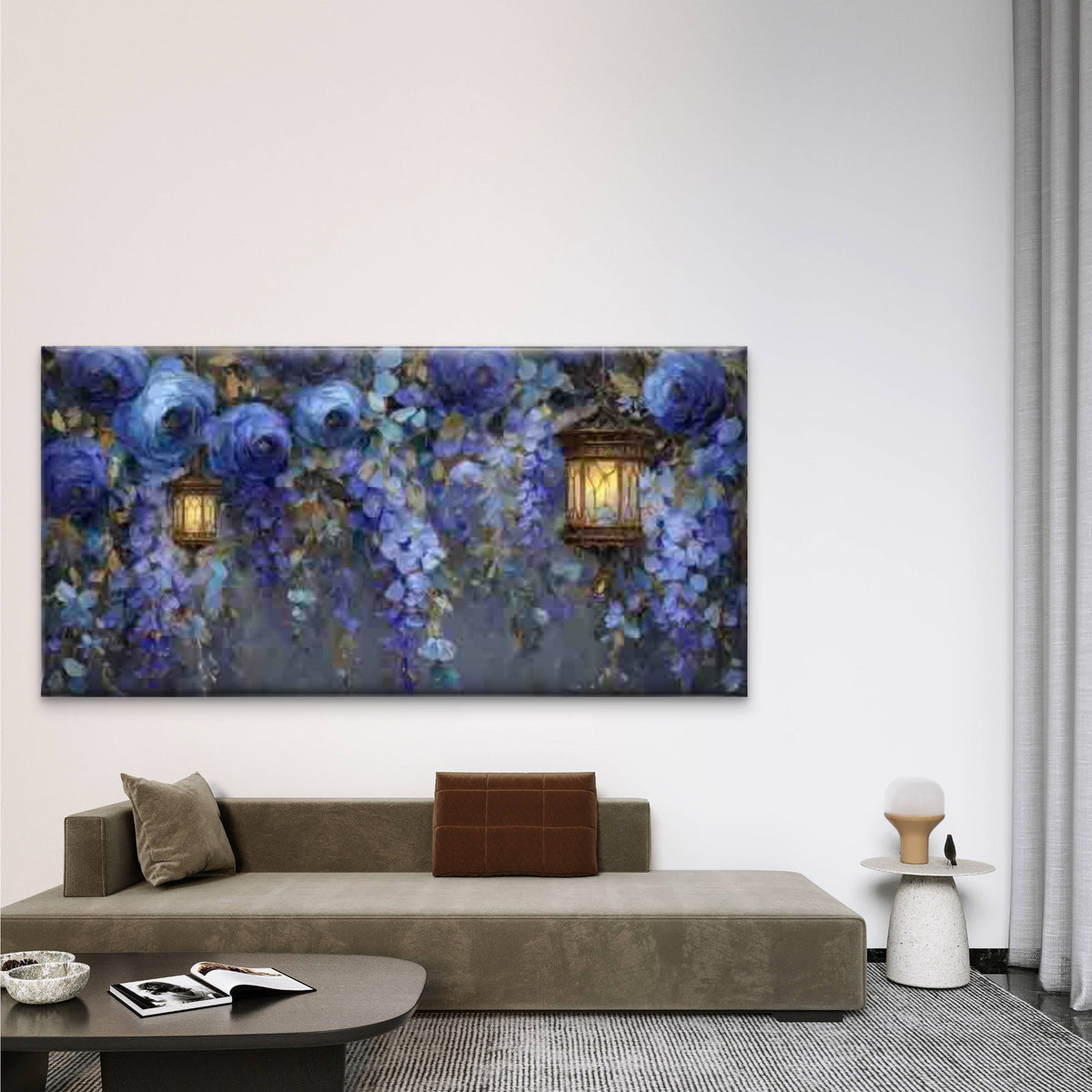 Wisteria & Blue Floral Lantern Wall Art Canvas Office Home Room Framed 80x45cm