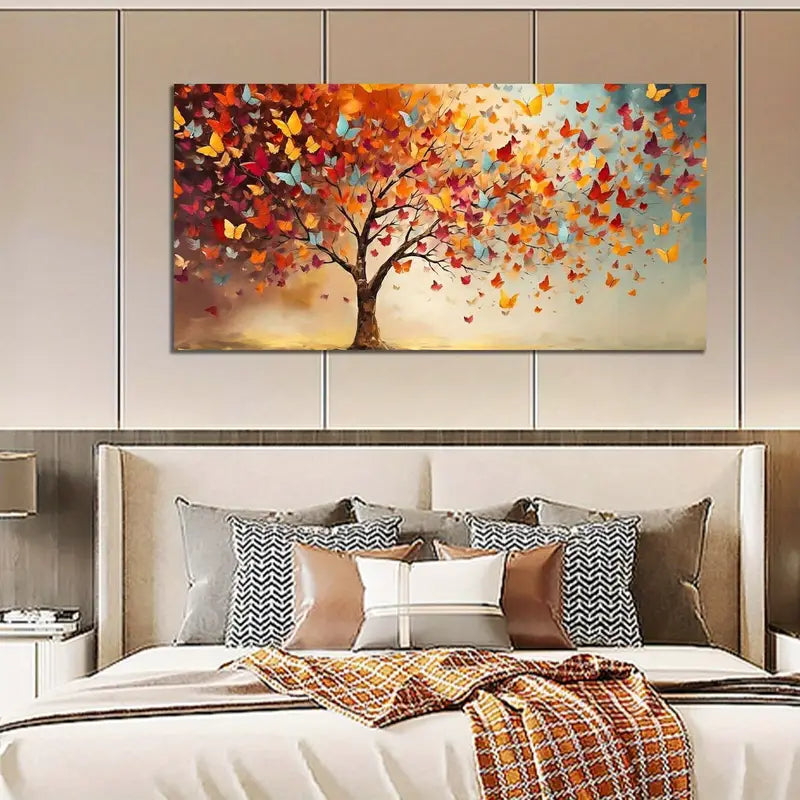 Vibrant Abstract Tree with Colorful Butterflies Wall Art canvas office home room framed 120x60cm