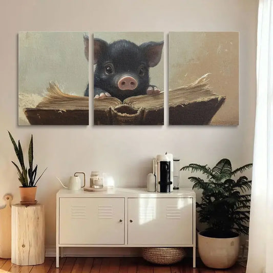 3pcs Cute animal black pig reading an old book Metal Print Ready to Hang Art