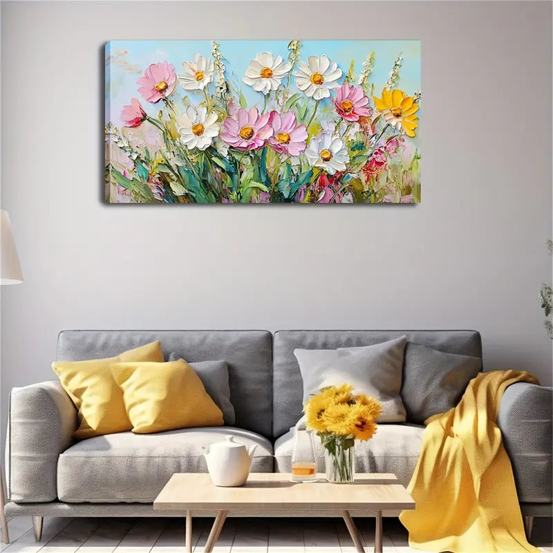 Daisies Modern Floral Decor Wall Art Canvas Office Home Room Framed 120x60cm