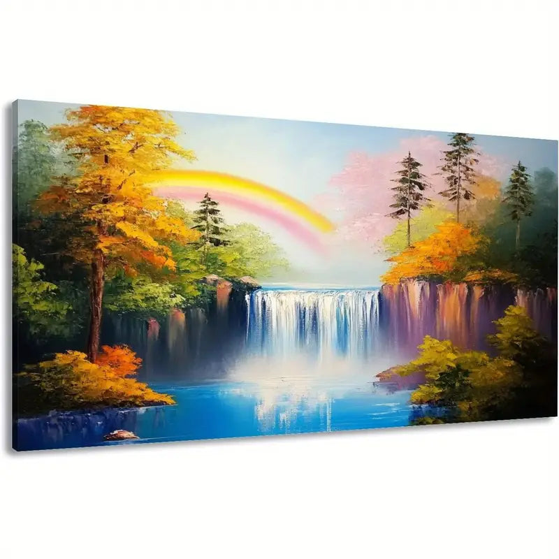 Waterfall Natural Lake Rainbow Autumn Trees Pine Wall Art canvas office home room framed 120x60cm