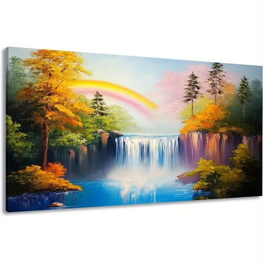 Waterfall Natural Lake Rainbow Autumn Trees Pine Wall Art canvas office home room framed 120x60cm