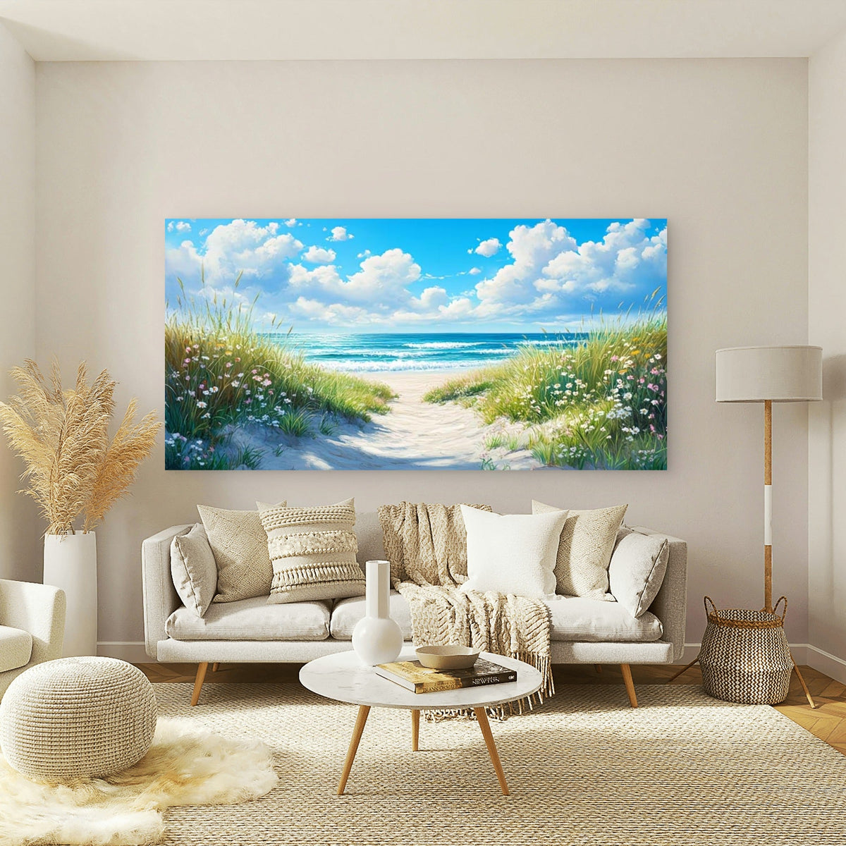 Beach Pathway with Wildflowers Wall Art Canvas Office Home Room Framed 120x60cm
