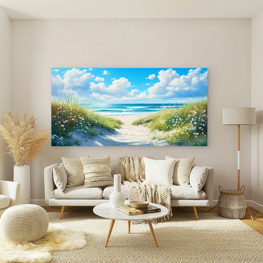 Beach Pathway with Wildflowers Wall Art Canvas Office Home Room Framed 80x45cm
