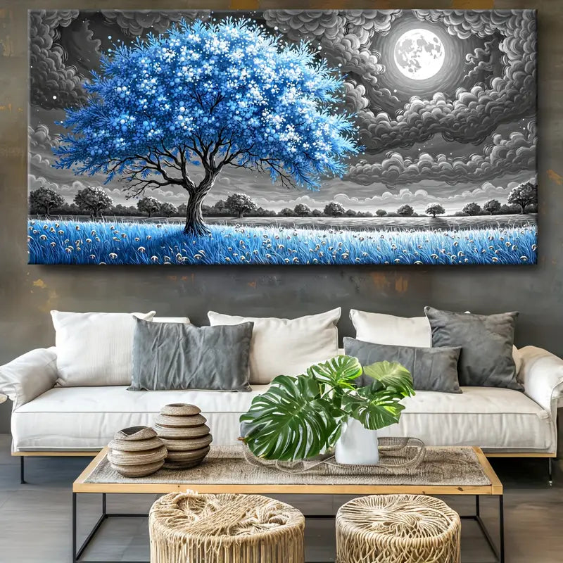 Blue Tree Under Moonlit Sky wall canvas office home room framed 120x60cm