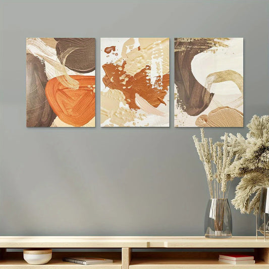 3pcs Boho Orange, Brown & Beige Textured Design Metal Print Ready to Hang Art