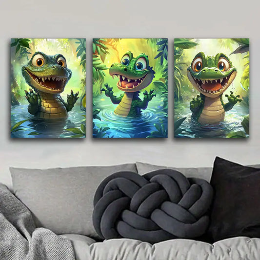 3pcs Whimsical Crocodile Metal Print Ready to Hang Art
