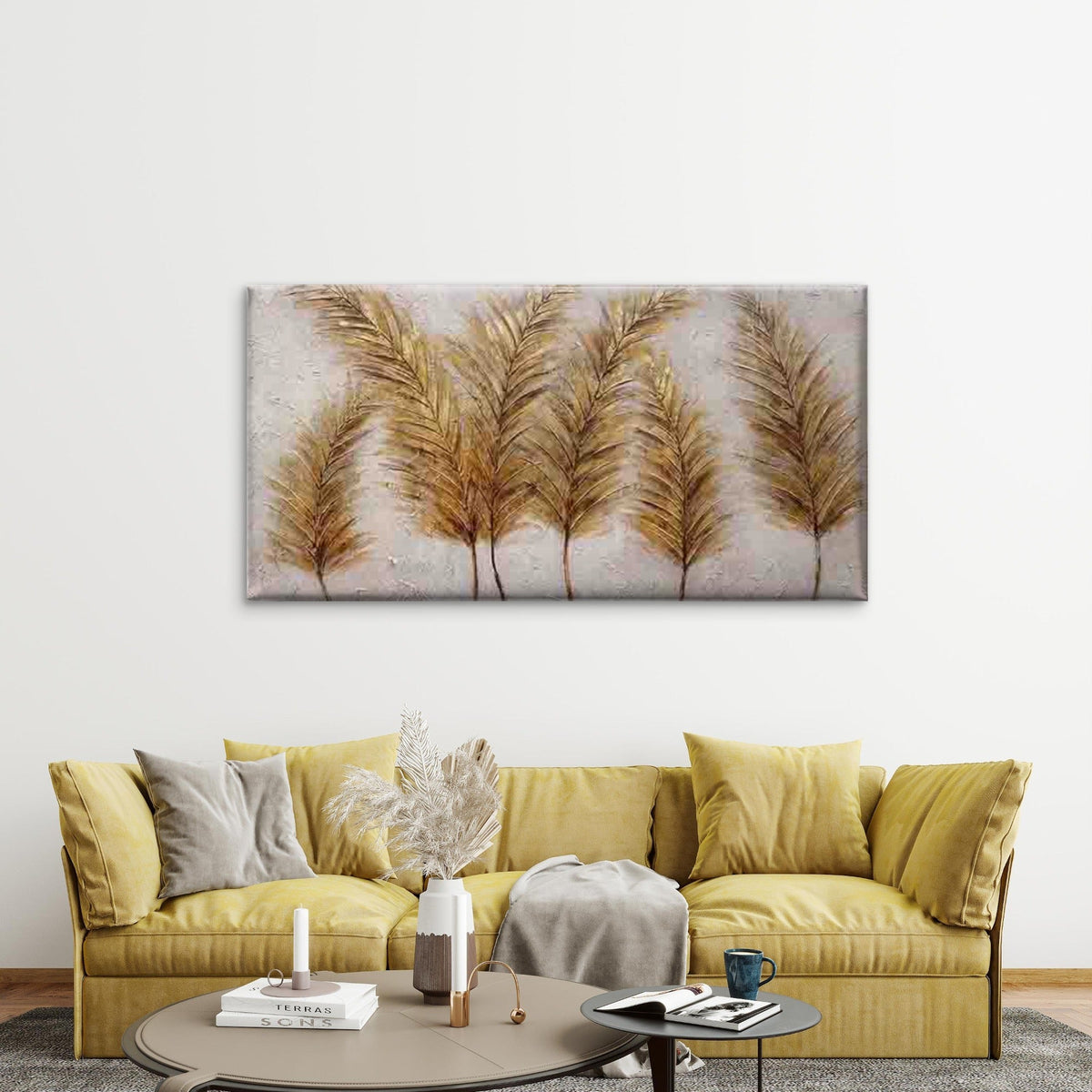 Featuring Golden Palm Fronds Wall Art Canvas Office Home Room Framed 120x60cm