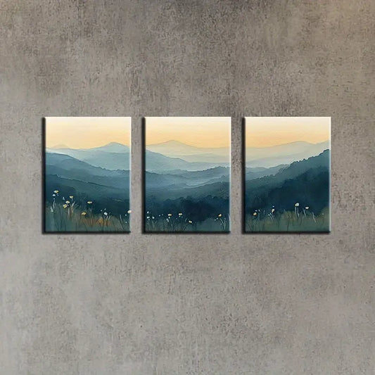 3pcs Vibrant Mountain Sunset Scenery with Wildflowers Metal Print Ready to Hang Art