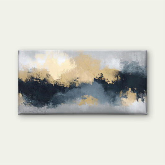 Abstract Navy Gold Cloud Oil Paint Wall Art Canvas Office Home Framed 80x45cm