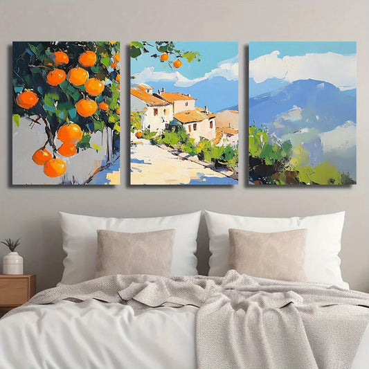 3pcs Rural Orange Cottage Classic Design Metal Print Ready to Hang Art