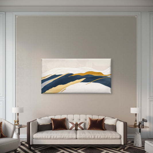 Abstract Navy Blue Gold Foil Peak Wall Art Canvas Office Home Framed 80x45cm
