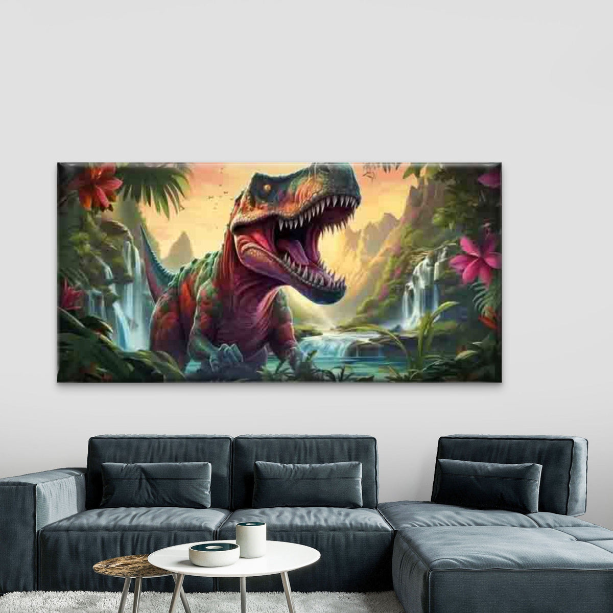 T-Rex Dinosaur Jungle Waterfall Wall Art Canvas Office Home Room Framed 120x60cm