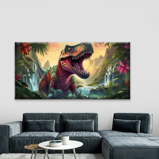 T-Rex Dinosaur Jungle Waterfall Wall Art Canvas Office Home Room Framed 80x45cm