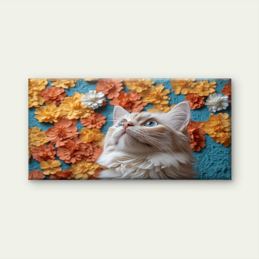 Modern Blue Floral Kitten Art Wall Art Canvas Office Home Room Framed 80x45cm