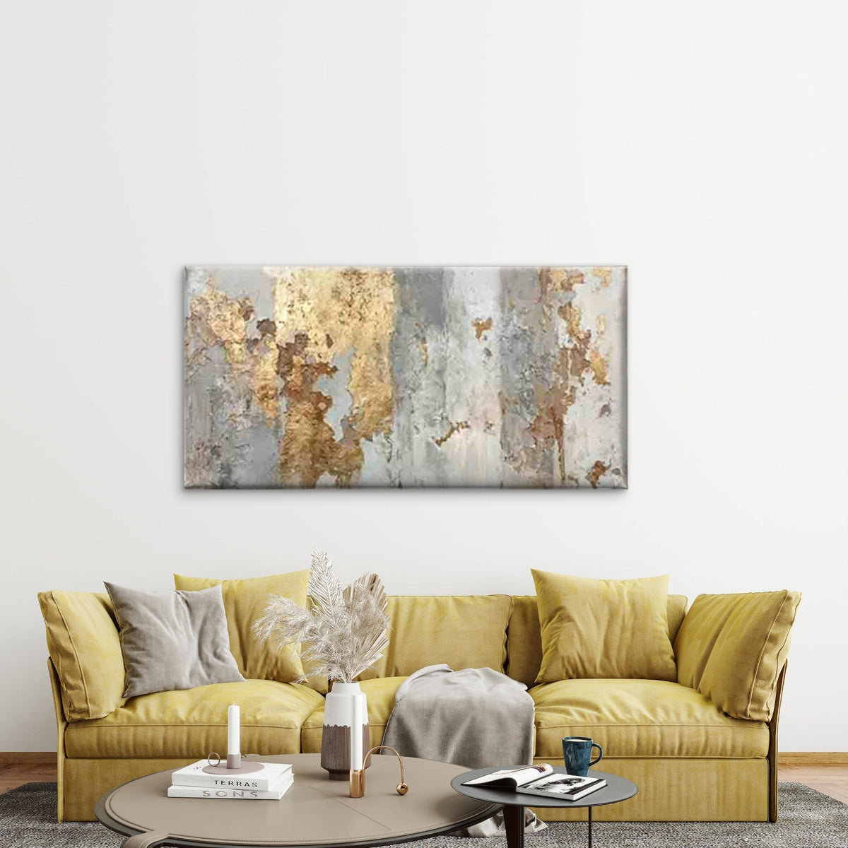Weathered Golden Leaf Wall Art Canvas Office Home Room Framed 120x60cm