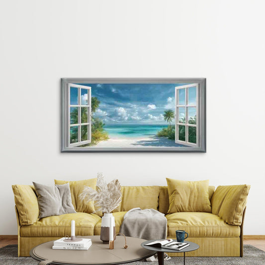 Beach View Through Open Window Wall Art Canvas Office Home Room Framed 80x45cm