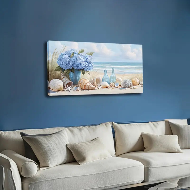 Beach With Blue Hydrangea Shells Wall Art Canvas Office Home Room Framed 120x60cm