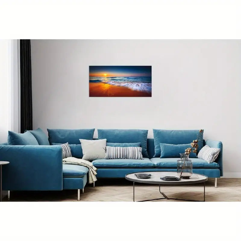 Ocean Sunrise Beach Vibrant Orange & Blue Waves Wall Art canvas office home room framed 120x60cm
