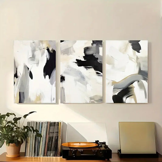 3pcs Bold Brushstrokes in Monochrome Tones Abstract Metal Print Ready to Hang Art