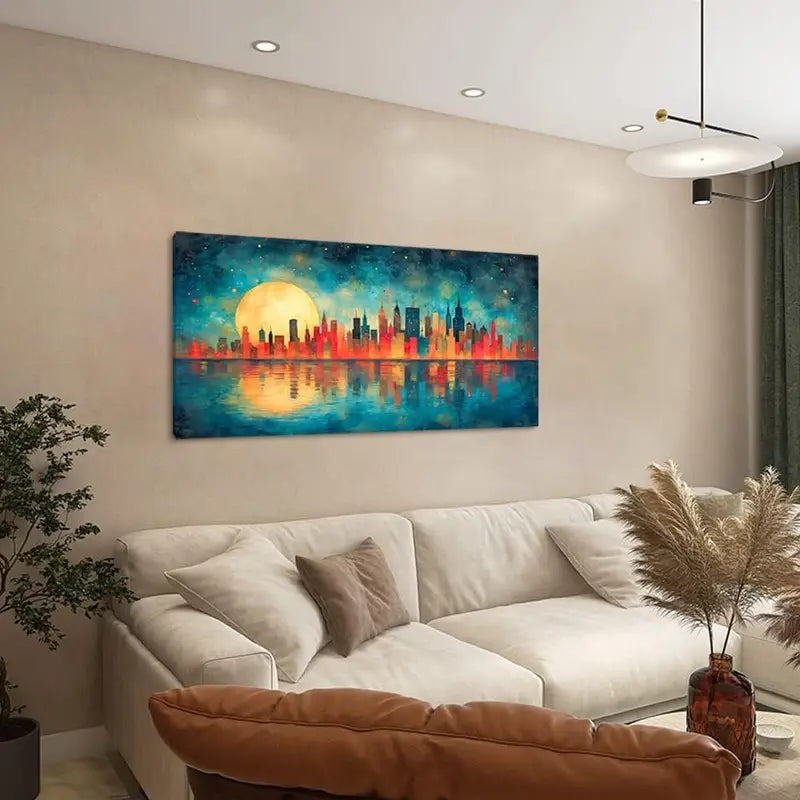 Blue Red Cityscape Radiant Golden Moon Wall Art canvas office home room framed 120x60cm