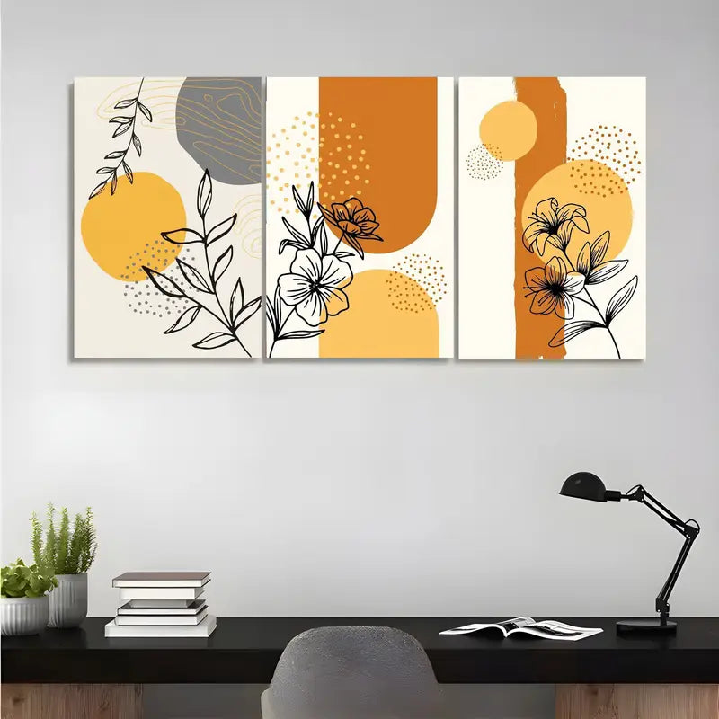 3pcs Abstract Botanical Line Art with Geometric Shapes Metal Print Ready to Hang Art