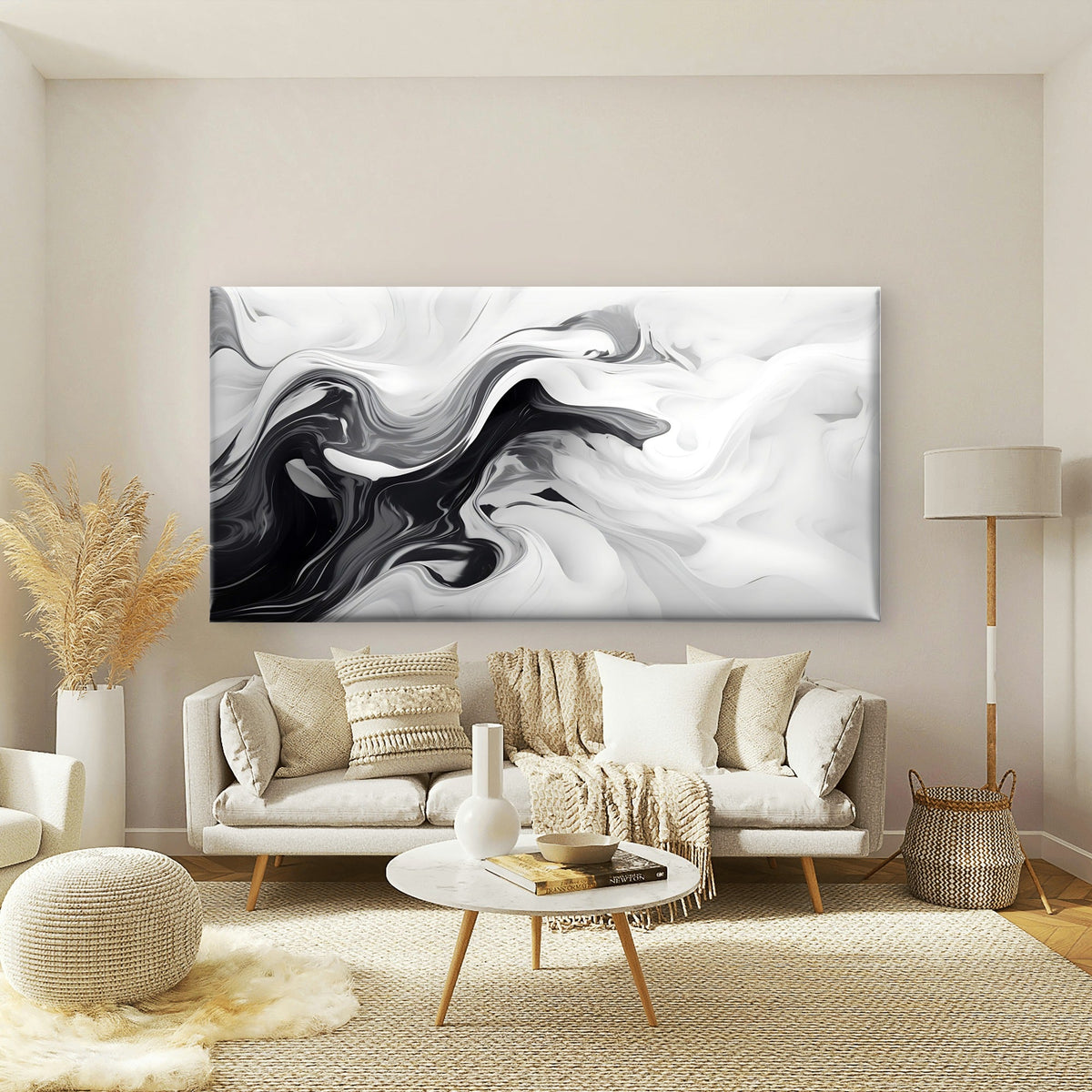 Black And White Liquid Swirls Wall Art Canvas Office Home Room Framed 120x60cm
