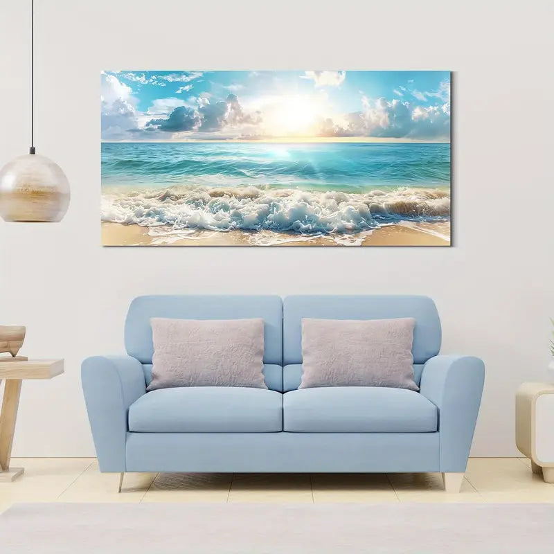 Blue Waves Beach Sunset Blue Sky Wall Art canvas office home room framed 120x60cm