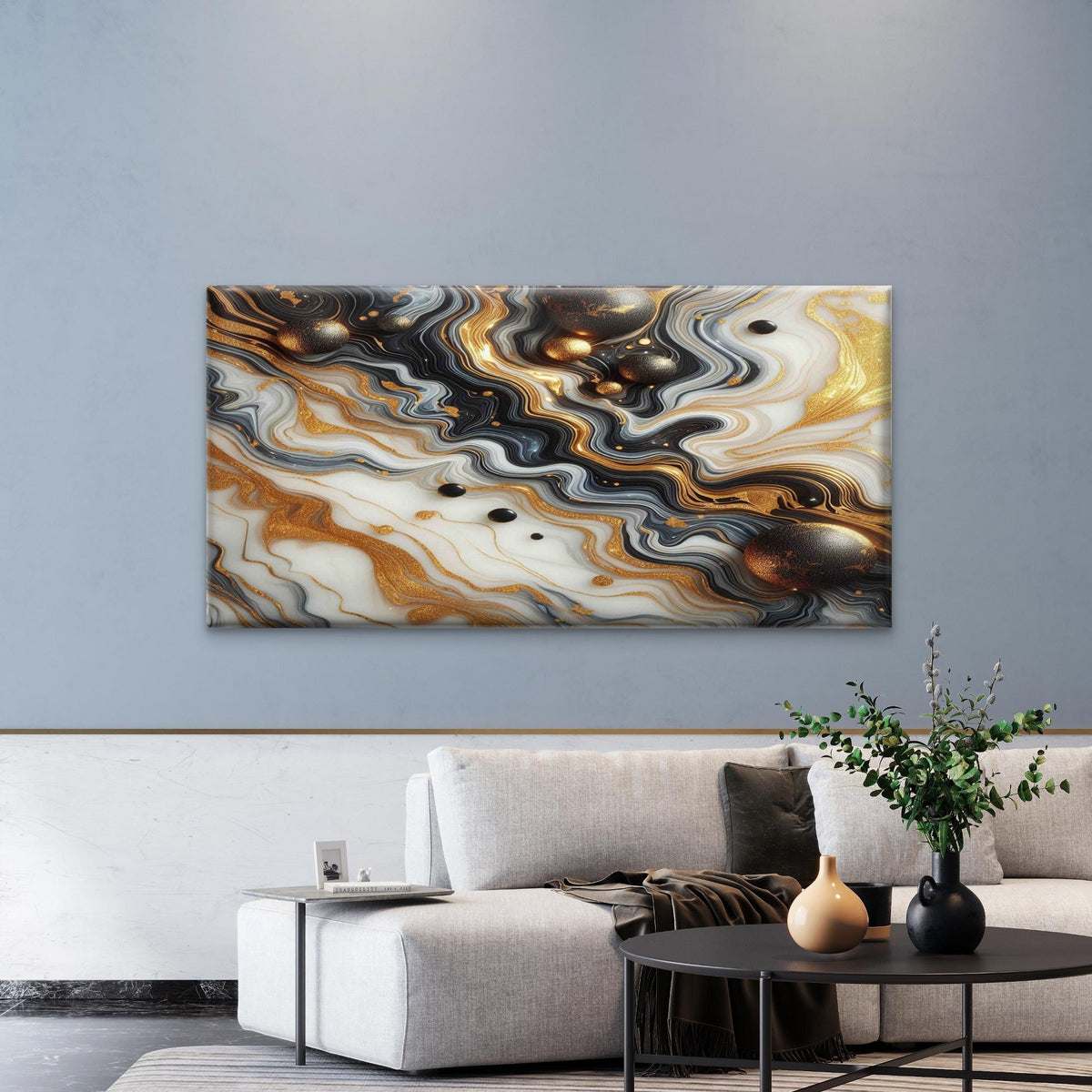 Gold Black Marble With Gold Dot Wall Art Canvas Office Home Room Framed 120x60cm