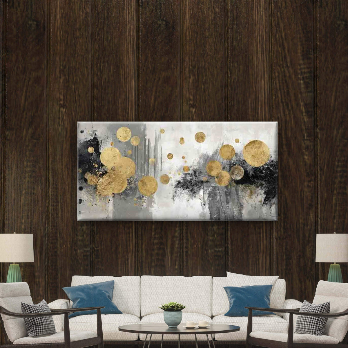 Floating Golden Circle Moons Wall Art Canvas Office Home Room Framed 120x60cm