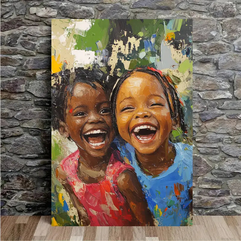 Heart Warming Scene, Happy African Youngsters Laughing Canvas Art Print 100% Australian Made 40x60cm Stretched Canvas Ready to Hang