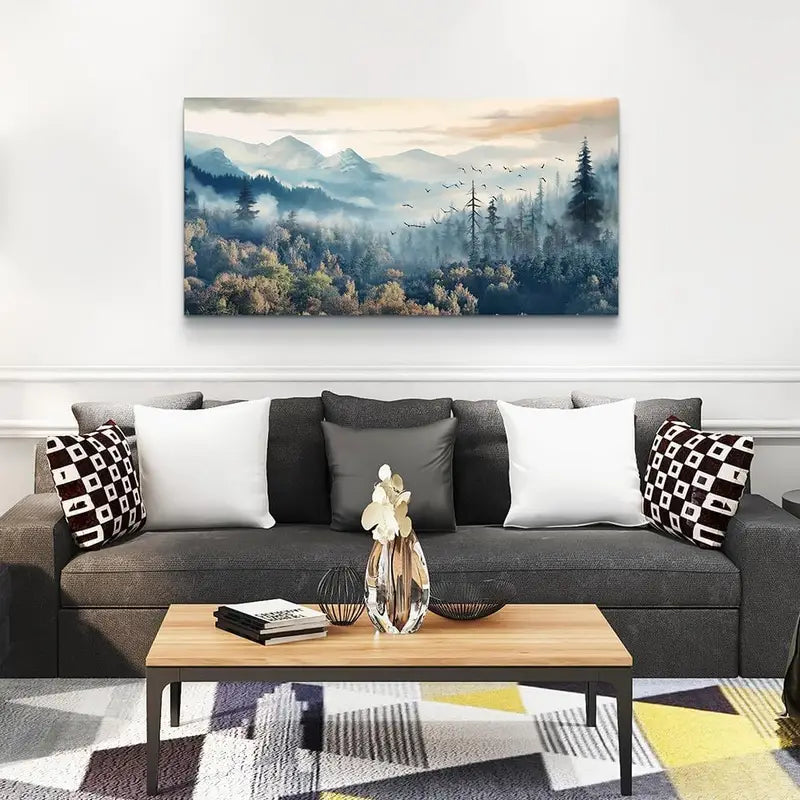 Foggy Forest Trees Mountains & Birds Wall Art canvas office home room framed 120x60cm