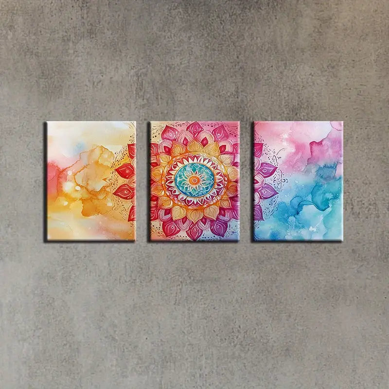 3pcs Watercolor Beautiful Mandala Flower Design Metal Print Ready to Hang Art