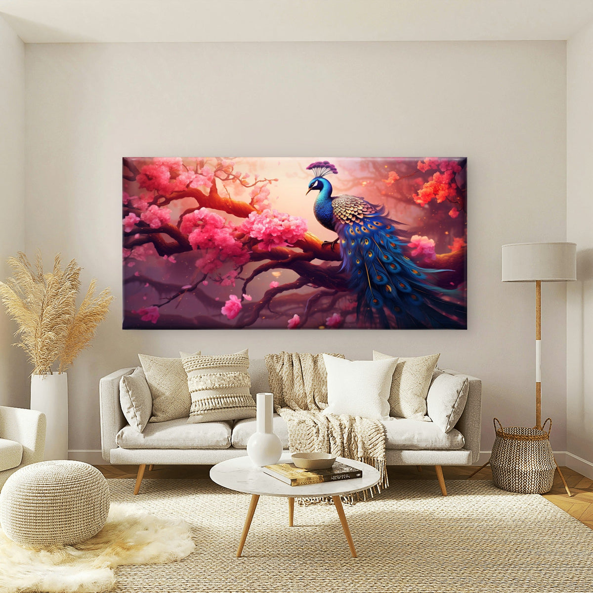 Peacock Among Pink Flowers Wall Art Canvas Office Home Room Framed 120x60cm