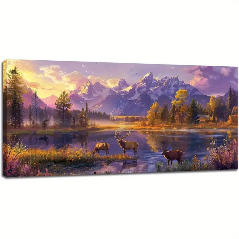 Mountain Rustic Deer Wildlife Vibrant Sunset Wall Art canvas office home room framed 120x60cm