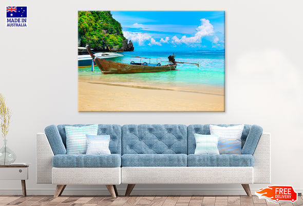 Island View Of A Boat With The Sea Print 100% Australian Made Stretched Canvas Ready to Hang - BC-110