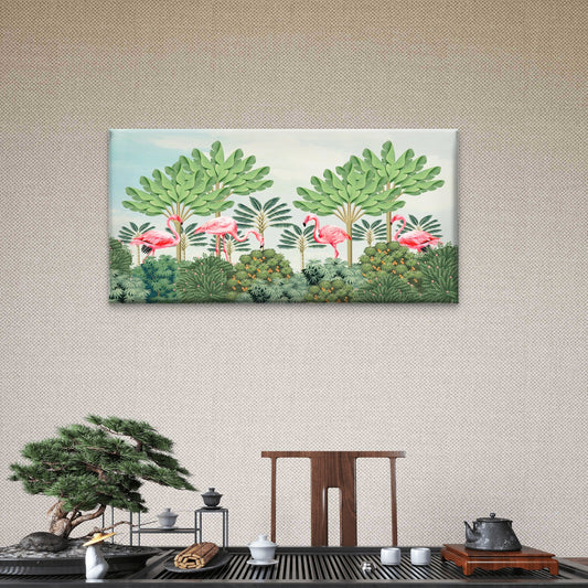 Pink Flamingo Tropical Jungle Wall Art Canvas Office Home Room Framed 80x45cm