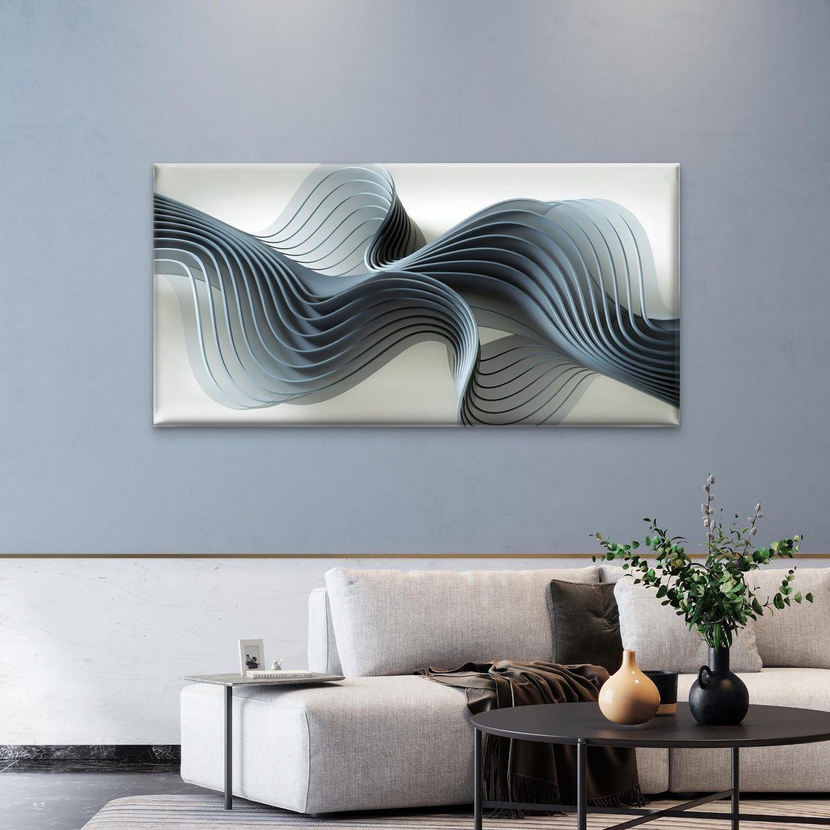 3D Silver Wave Abstract Design Wall Art Canvas Office Home Room Framed 80x45cm