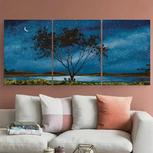 3pcs Lone Tree Starry Night Deep Blue Metal Print Ready to Hang Art